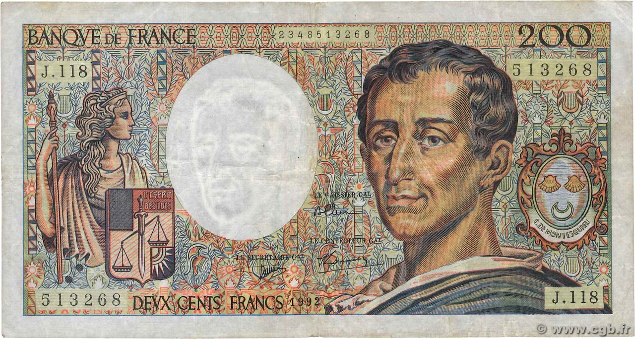 200 Francs MONTESQUIEU FRANCE 1992 F.70.12b TB