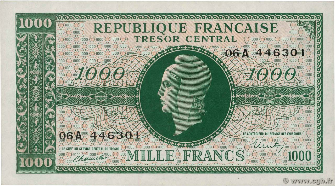 1000 Francs MARIANNE BANQUE D ANGLETERRE FRANCIA 1945 VF.12.01 q.FDC