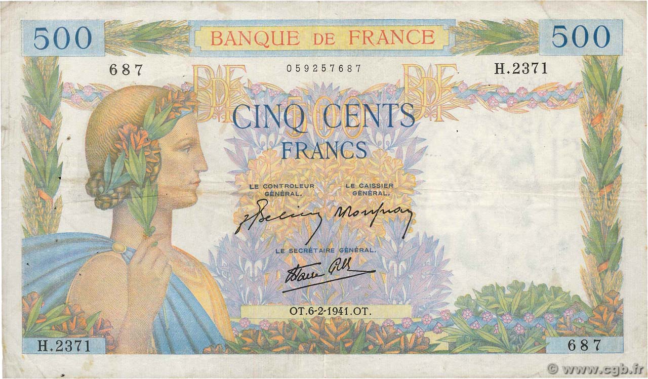 500 Francs LA PAIX FRANCIA 1941 F.32.14 MB