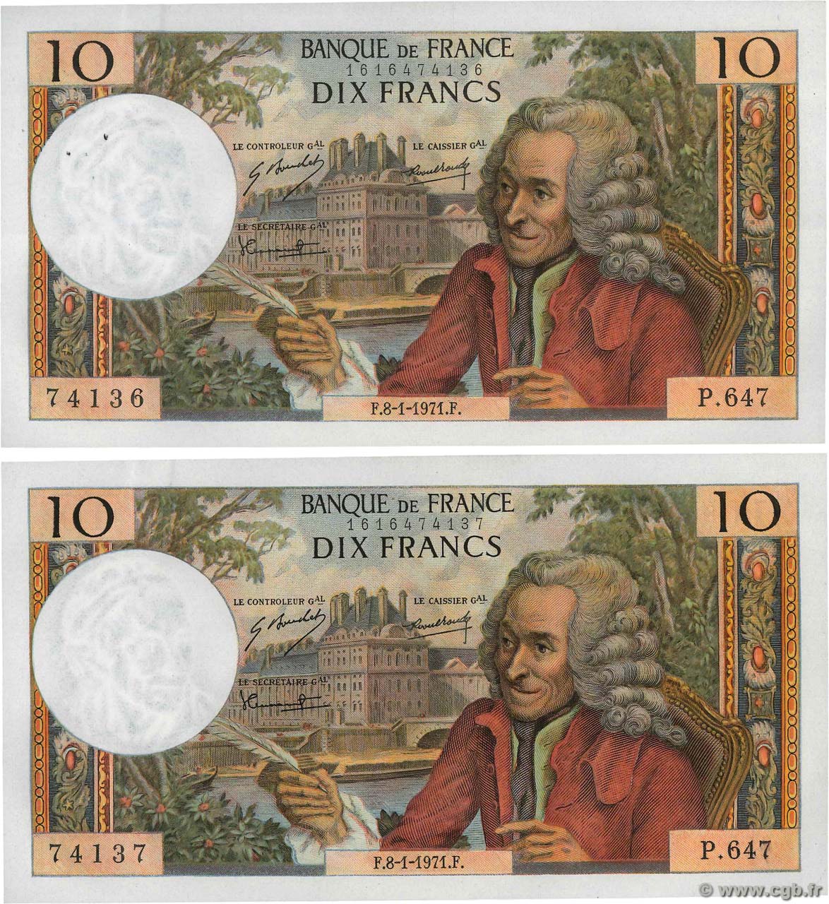 10 Francs VOLTAIRE Consécutifs FRANCIA 1971 F.62.48 AU+