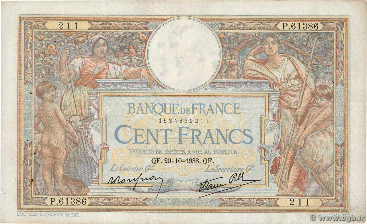 100 Francs LUC OLIVIER MERSON type modifié FRANCE  1938 F.25.32 F