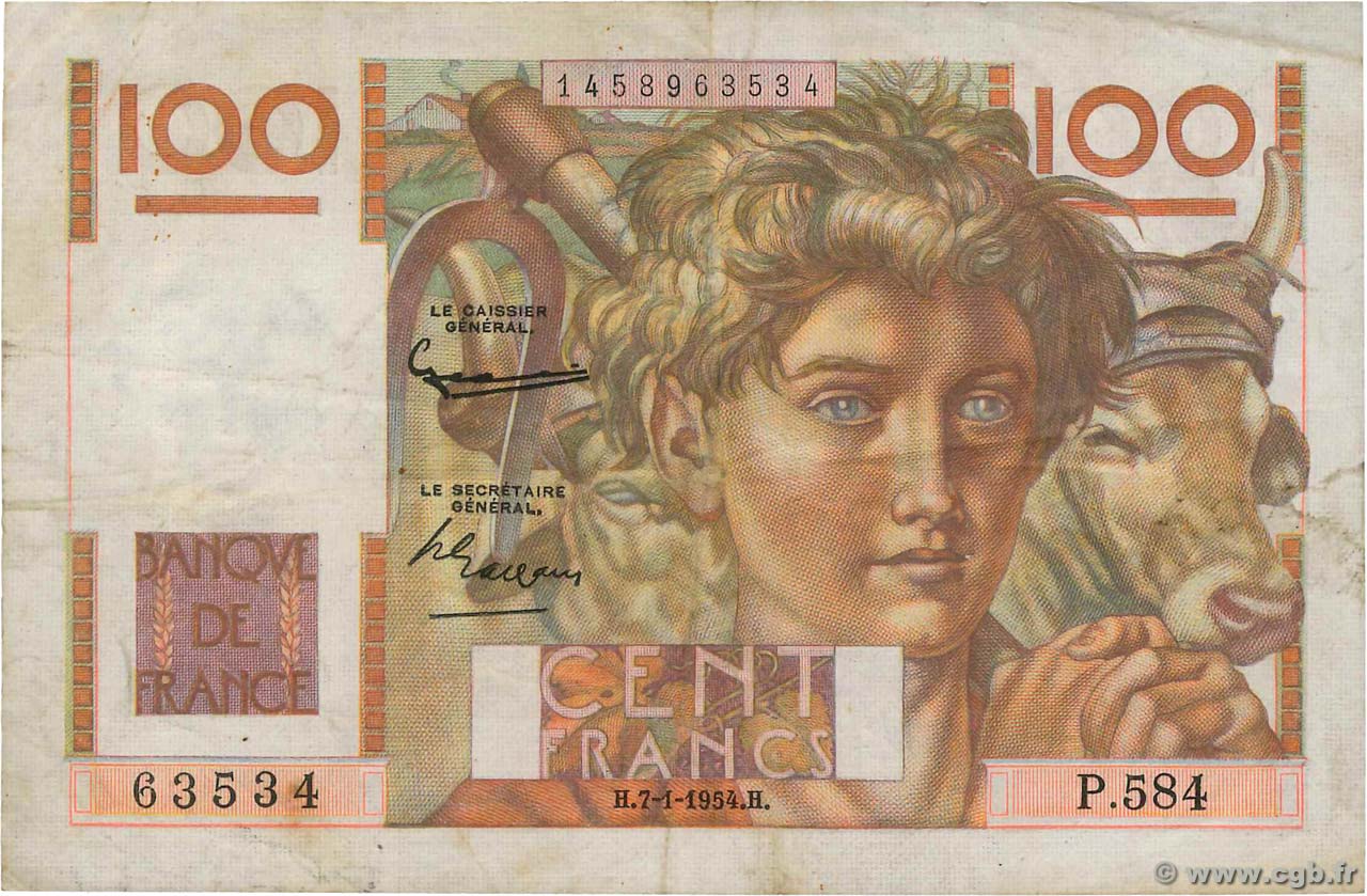 100 Francs JEUNE PAYSAN FRANCE 1954 F.28.41 TB