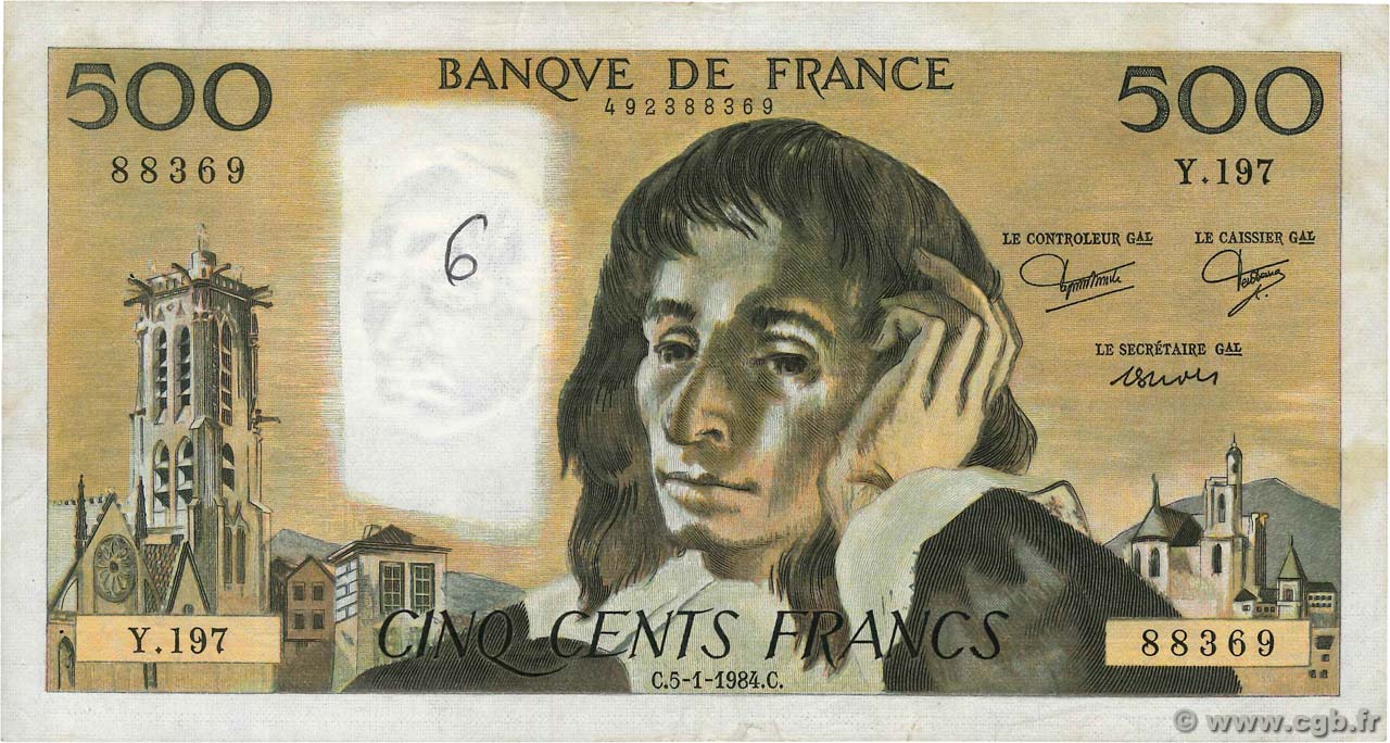 500 Francs PASCAL FRANCE  1984 F.71.30 F+