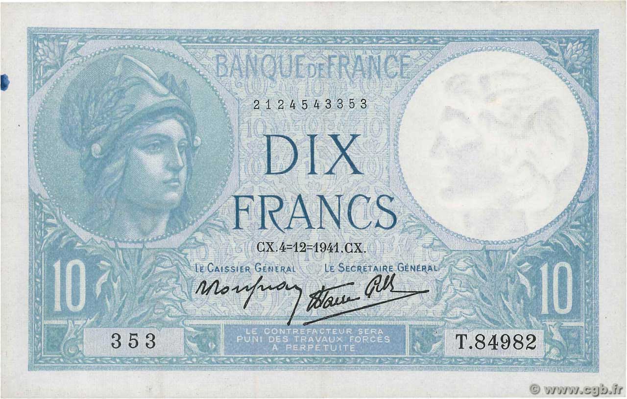 10 Francs MINERVE modifié FRANCE  1941 F.07.30 VF
