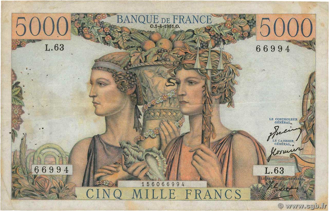 5000 Francs TERRE ET MER FRANCE 1951 F.48.04 TB