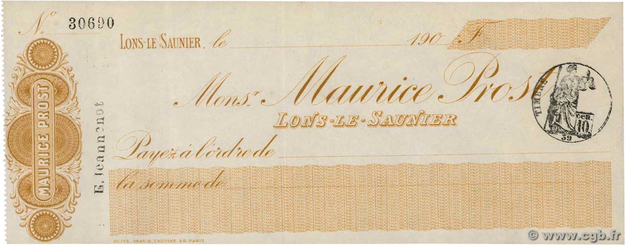 Francs FRANCE régionalisme et divers Lons-Le-Saunier 1900 DOC.Chèque SUP