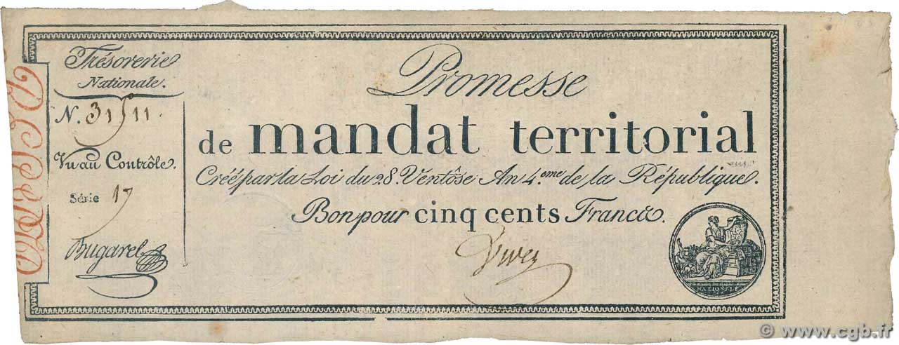 500 Francs avec série FRANCE 1796 Ass.62b TTB