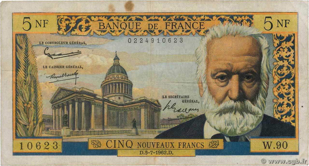 5 Nouveaux Francs VICTOR HUGO FRANCE 1962 F.56.12 TB