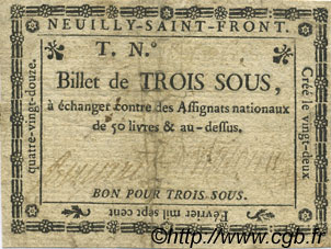 3 Sous FRANCE regionalism and miscellaneous Neuilly Saint Front 1792 Kc.02.139 F+