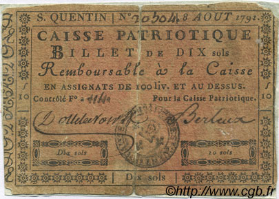 10 Sols FRANCE régionalisme et divers Saint Quentin 1791 Kc.02.202 TB