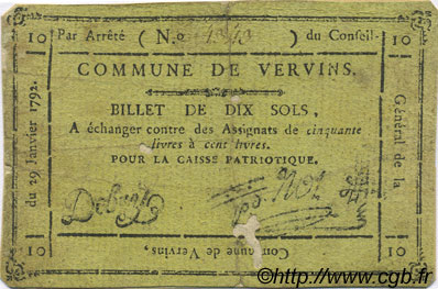 10 Sols FRANCE regionalism and miscellaneous Vervins 1792 Kc.02.239 F+