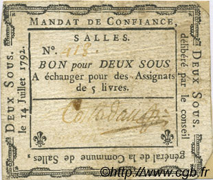 2 Sous FRANCE regionalism and miscellaneous Salles 1792 Kc.26.165 VF+