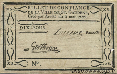 10 Sous FRANCE Regionalismus und verschiedenen Saint Gaudens 1792 Kc.31.134 fVZ