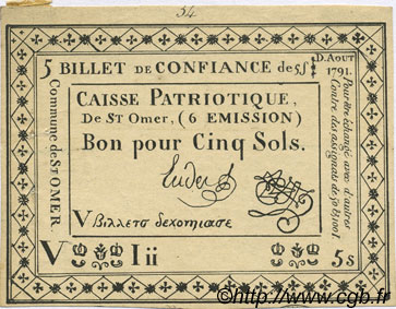 5 Sols Faux FRANCE régionalisme et divers Saint Omer 1791 Kc.62.056 SUP
