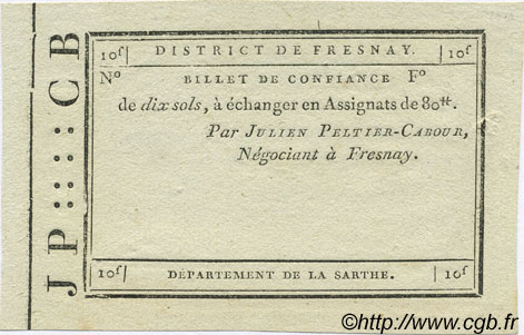 10 Sols Non émis FRANCE régionalisme et divers Fresnay 1792 Kc.72.050 SUP