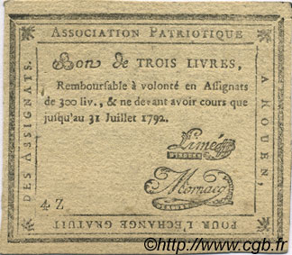 3 Livres Faux FRANCE régionalisme et divers Rouen 1792 Kc.76.162 SUP