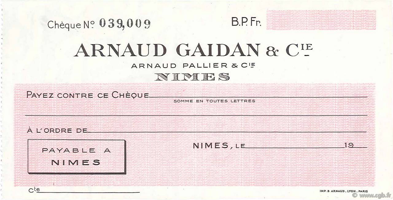Francs FRANCE régionalisme et divers Nîmes 1943 DOC.Chèque NEUF