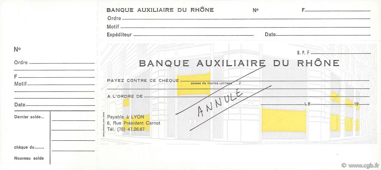 Francs Annulé FRANCE régionalisme et divers Lyon 1960 DOC.Chèque NEUF