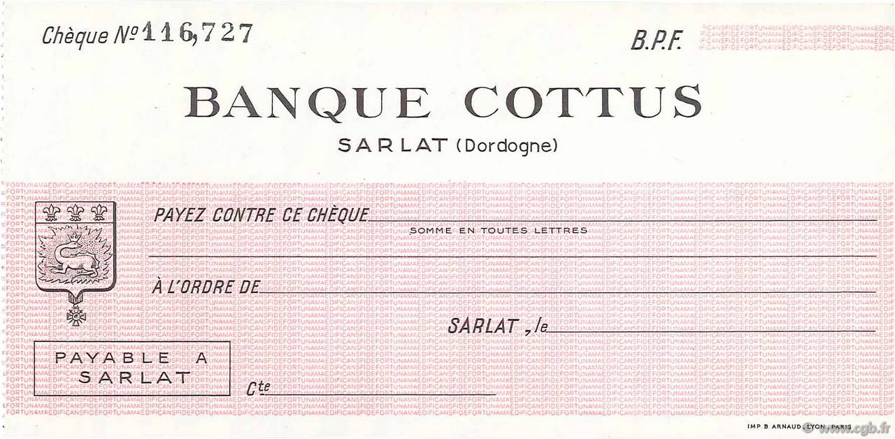 Francs FRANCE régionalisme et divers Sarlat 1943 DOC.Chèque SPL