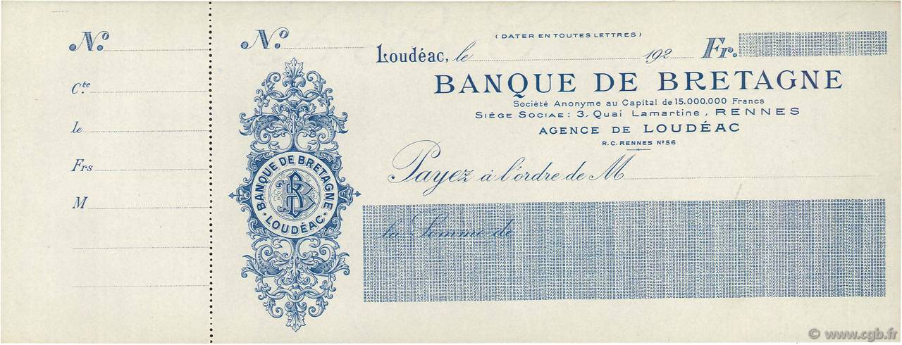 Francs FRANCE regionalism and miscellaneous Loudéac 1920 DOC.Chèque AU