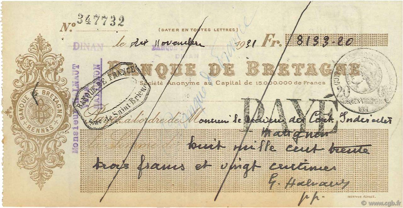 8133,20 Francs FRANCE régionalisme et divers Dinan 1931 DOC.Chèque TTB