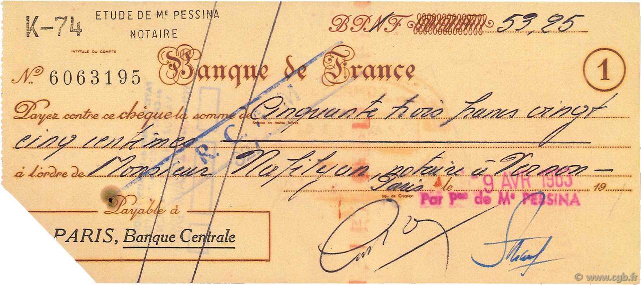 53,25 Francs FRANCE regionalism and miscellaneous Paris 1963 DOC.Chèque F