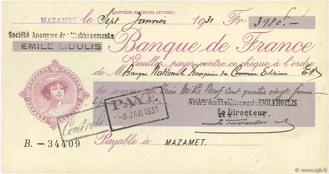 3980 Francs FRANCE regionalism and miscellaneous Mazamet 1931 DOC.Chèque XF