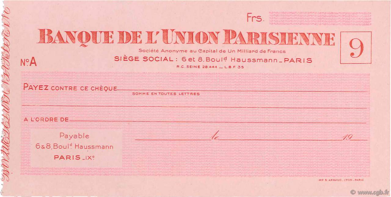 Francs FRANCE régionalisme et divers Paris 1943 DOC.Chèque NEUF