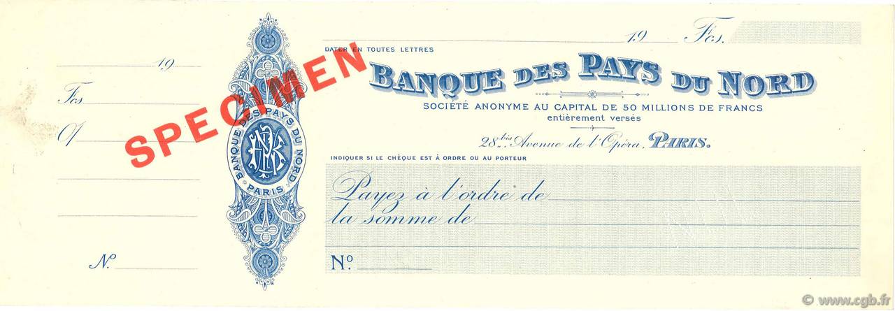Francs Spécimen FRANCE régionalisme et divers Paris 1911 DOC.Chèque SUP
