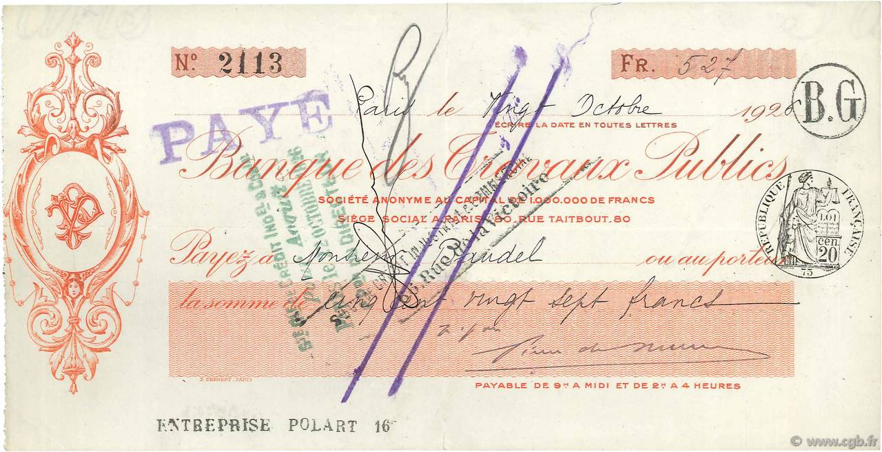 527 Francs FRANCE régionalisme et divers Paris 1926 DOC.Chèque TTB