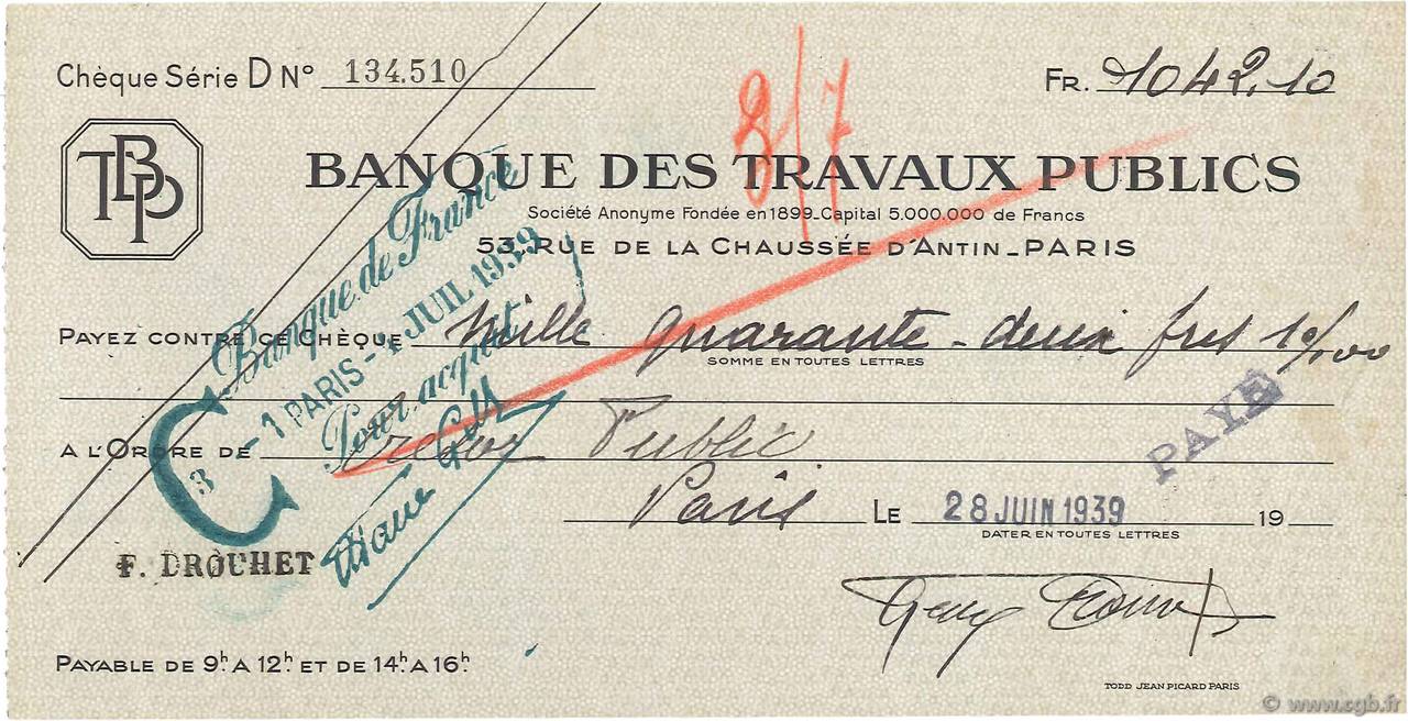 1042,10 Francs FRANCE régionalisme et divers Paris 1939 DOC.Chèque TTB
