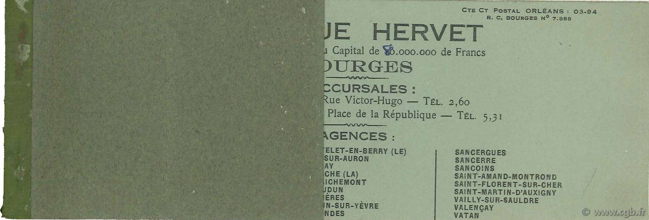 Francs Annulé FRANCE régionalisme et divers Bourges 1943 DOC.Chèque SUP