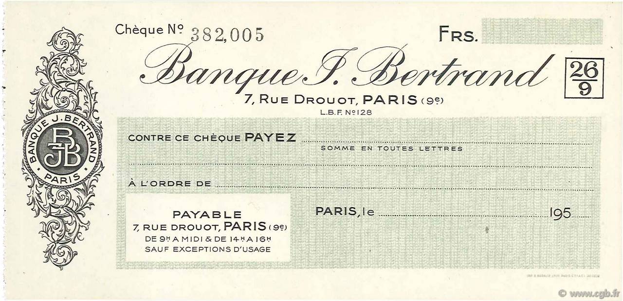 Francs FRANCE régionalisme et divers Paris 1950 DOC.Chèque SPL