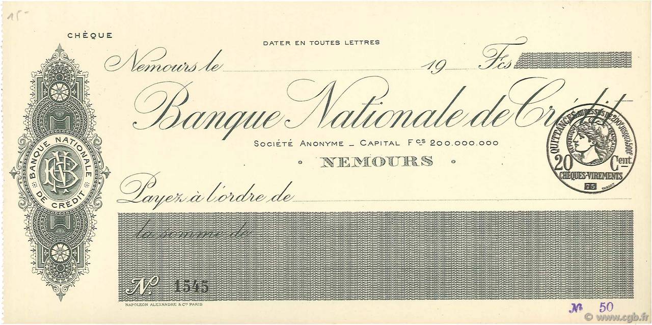 Francs FRANCE régionalisme et divers Nemours 1915 DOC.Chèque SPL