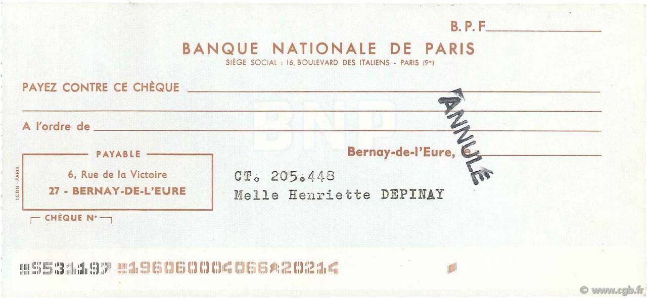 Francs Annulé FRANCE régionalisme et divers Bernay-De-L Eure 1965 DOC.Chèque SUP