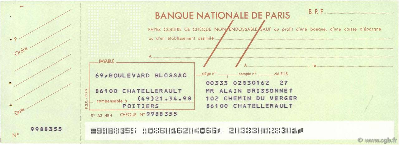 Francs FRANCE regionalismo e varie Chatellerault 1979 DOC.Chèque SPL