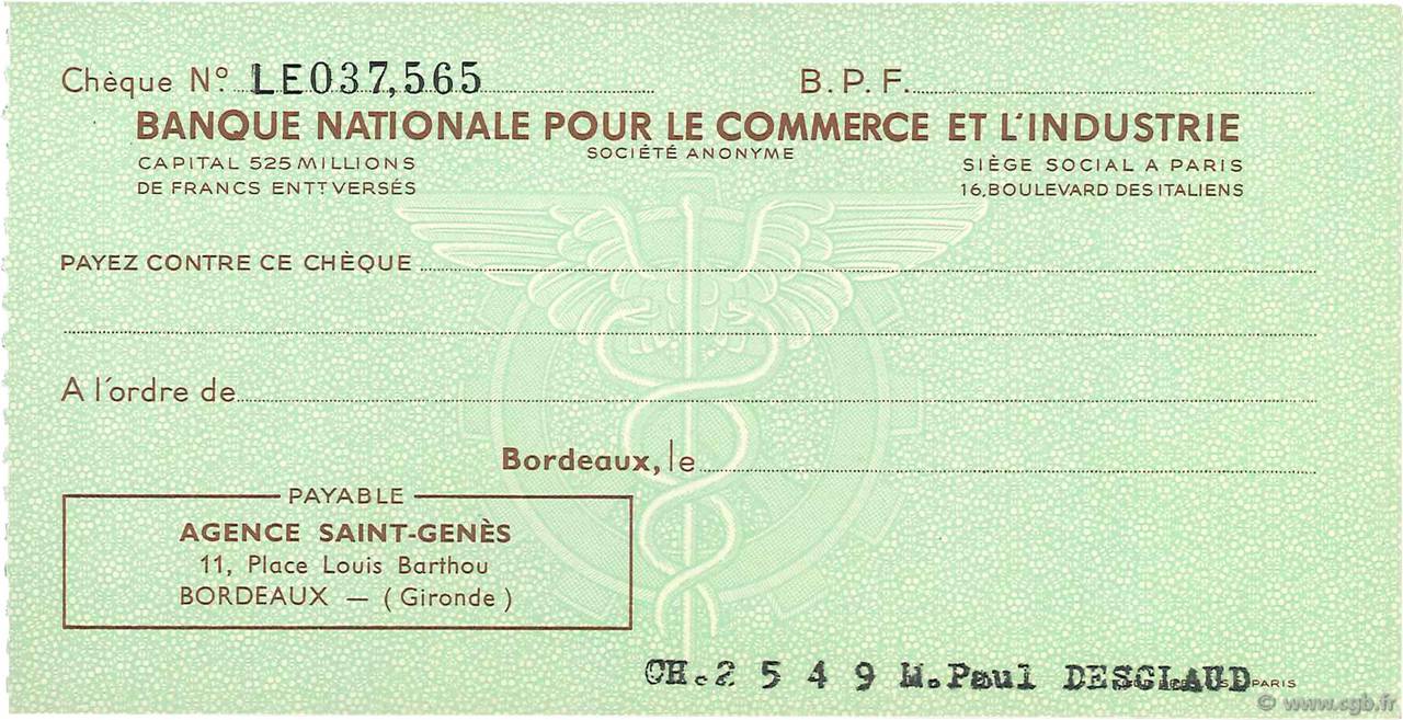 Francs FRANCE régionalisme et divers Bordeaux 1943 DOC.Chèque SPL