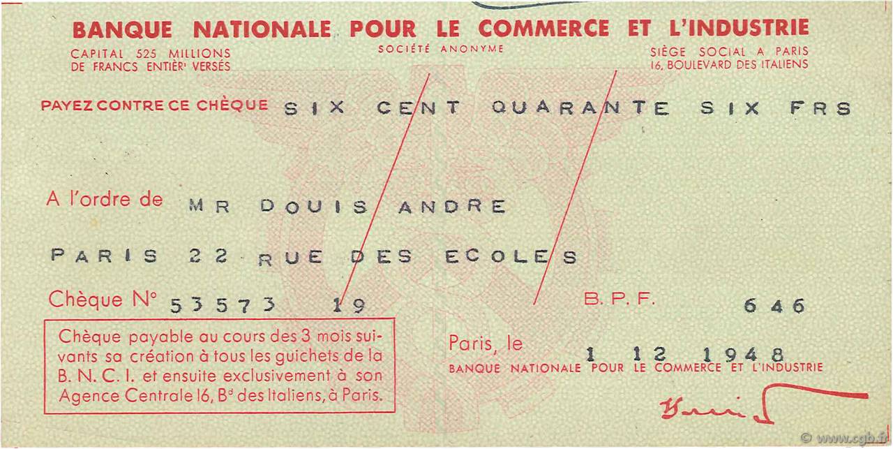 646 Francs FRANCE régionalisme et divers Paris 1948 DOC.Chèque SUP