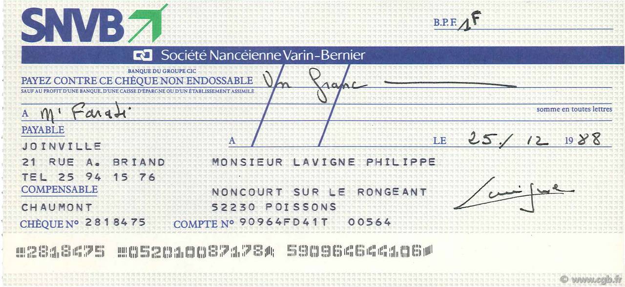 1 Franc FRANCE régionalisme et divers Poissons 1988 DOC.Chèque SUP