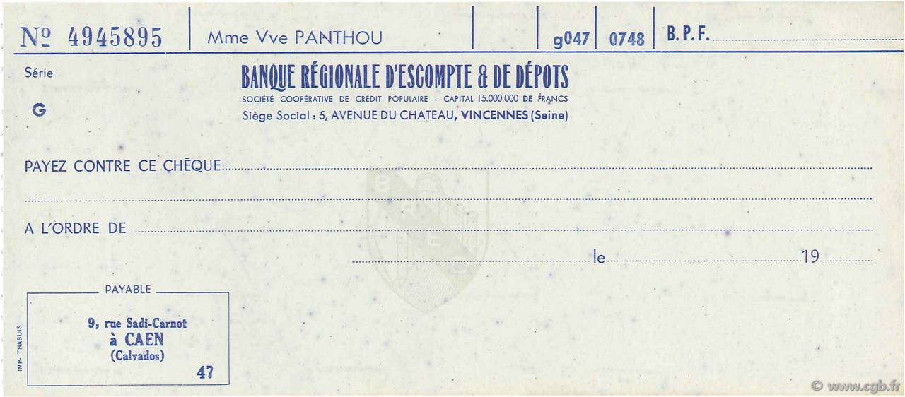 Francs FRANCE régionalisme et divers Vincennes 1943 DOC.Chèque SPL