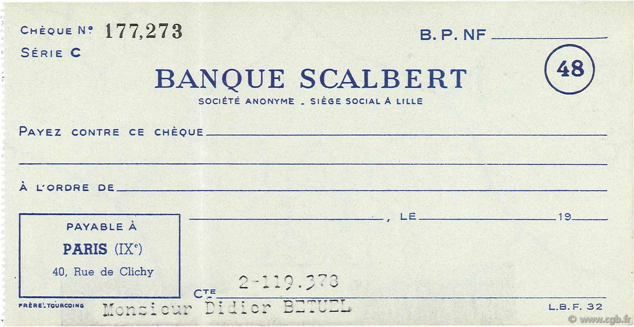 Francs FRANCE régionalisme et divers Lille 1960 DOC.Chèque SUP