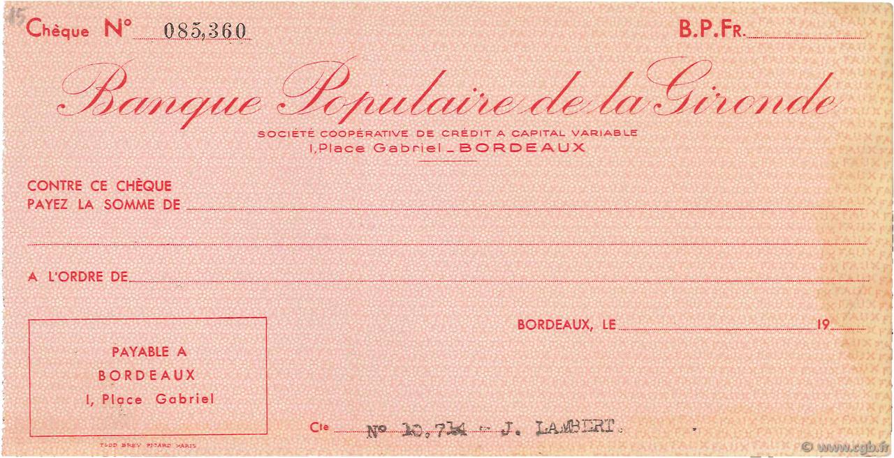 Francs FRANCE regionalism and miscellaneous Bordeaux 1943 DOC.Chèque VF