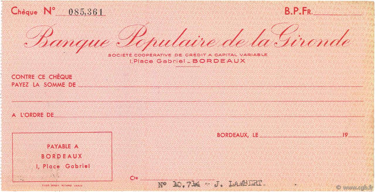 Francs FRANCE régionalisme et divers Bordeaux 1943 DOC.Chèque SUP
