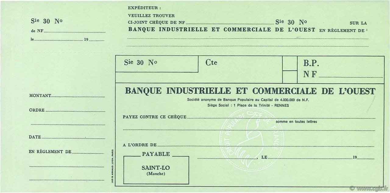 Francs FRANCE regionalismo y varios Saint-Lo 1960 DOC.Chèque SC