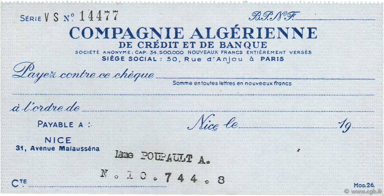 Francs FRANCE régionalisme et divers Paris 1960 DOC.Chèque SUP