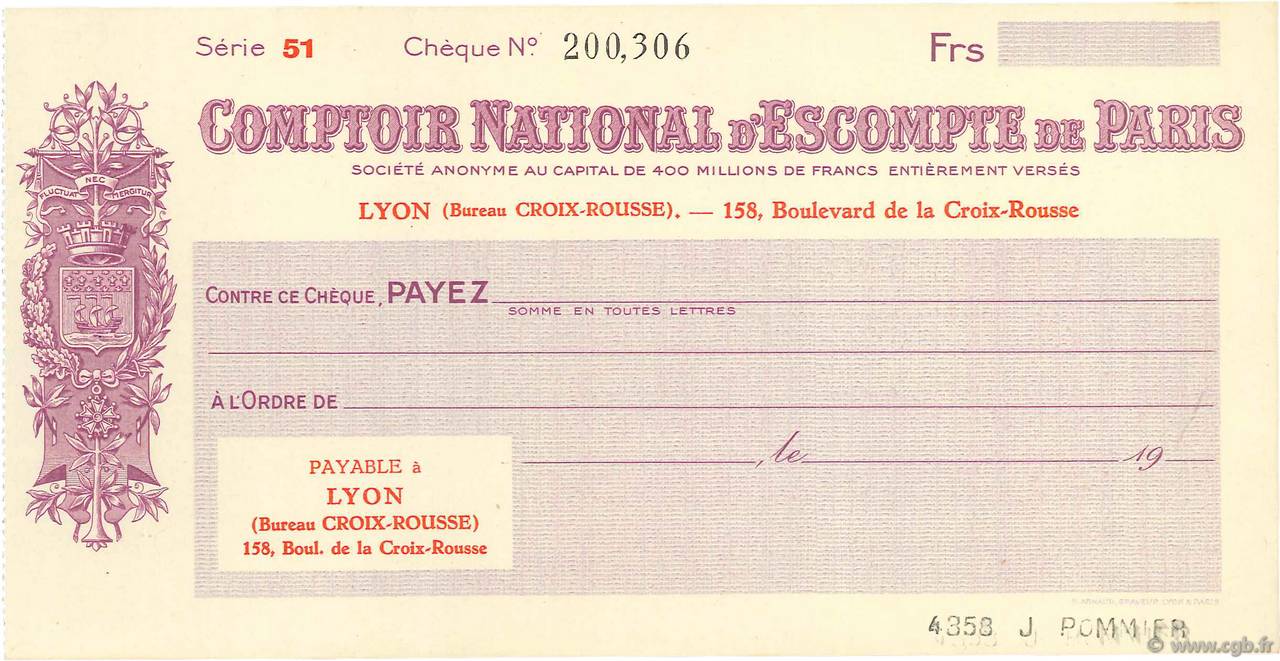 Francs FRANCE Regionalismus und verschiedenen Lyon 1943 DOC.Chèque VZ