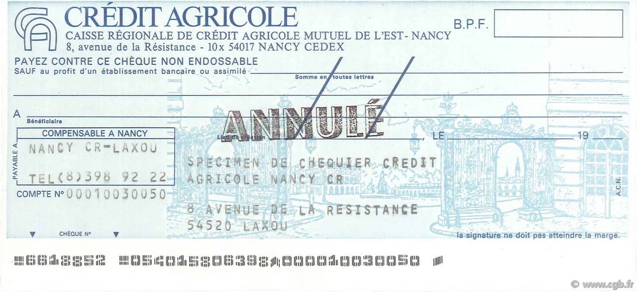 Francs Spécimen FRANCE régionalisme et divers Nancy 1979 DOC.Chèque NEUF