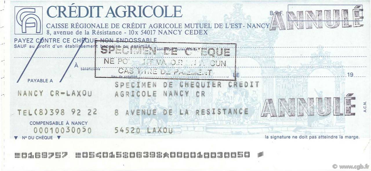 Francs Spécimen FRANCE régionalisme et divers Nancy 1979 DOC.Chèque NEUF