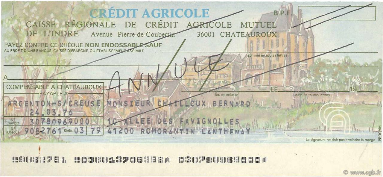 Francs Annulé FRANCE régionalisme et divers Chateauroux 1979 DOC.Chèque SUP