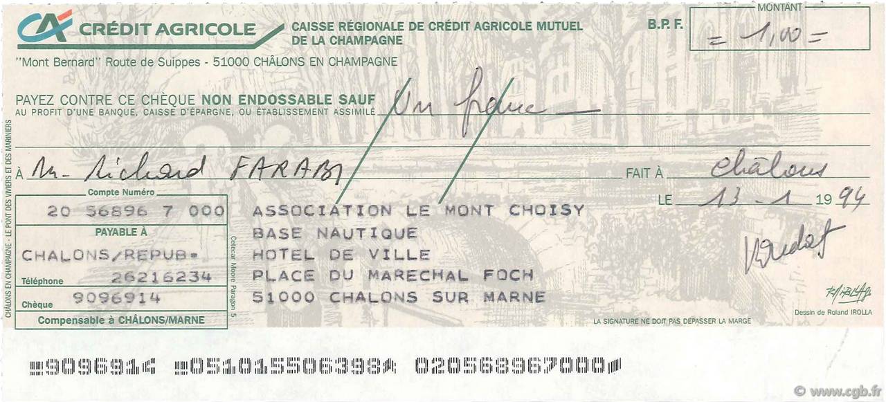 1 Franc FRANCE régionalisme et divers Châlons En Champagne 1994 DOC.Chèque NEUF